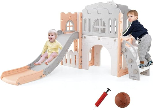 Scivolo per Bambini 9 in 1, Set da Gioco con Canestro da Basket, Telescopio, Volante, Corridoio, Tunnel e Spazio di Archiviazione, Scivolo da Interno ed Esterno per 1+ Anni (Rosa+Grigio)