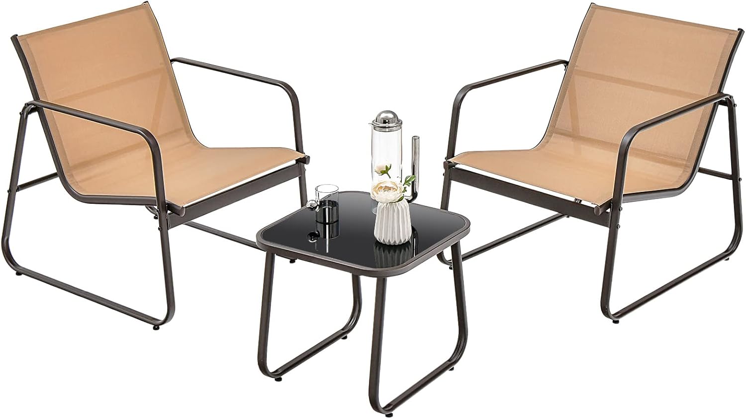 Set da Conversazione per Patio 3 Pezzi, Set di Sedie e Tavolo in Metallo e Textilene per Esterni, Piano Tavolo in Vetro Temperato, Set di Mobili per Giardino, Cortile, Bordo Piscina