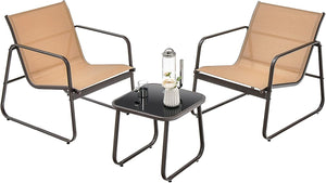 Set da Conversazione per Patio 3 Pezzi, Set di Sedie e Tavolo in Metallo e Textilene per Esterni, Piano Tavolo in Vetro Temperato, Set di Mobili per Giardino, Cortile, Bordo Piscina