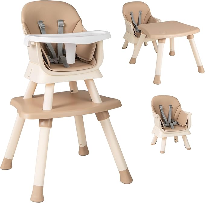 Seggiolone Pappa per Bambini 6 in 1, Seggiolone per Neonati Convertibile, Tavolo per Costruzioni per Bambini, con Imbracatura a 5 Punti, per Bambini da 6 Mesi fino 3 Anni (Marrone+Beige)