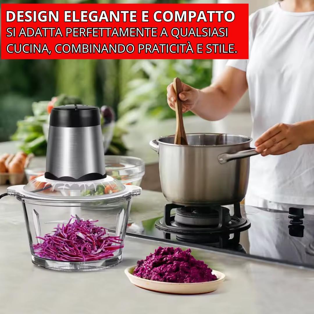 Tritatutto da Cucina Elettrico 500W – Frullatore con 4 Lame in Acciaio Inox, Robot da Cucina Multifunzione con Contenitore in Vetro 3L, Tritacarne e Verdure, Doppia Velocità