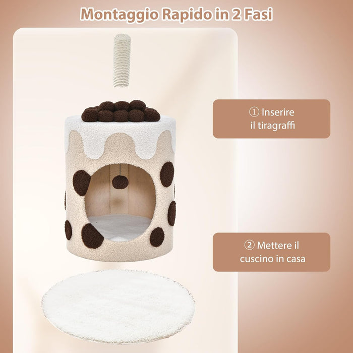 Cuccia per Gatti a Forma di Bubble Tea, Casetta per Gatti con Tiragraffi in Sisal e Palline Appese, Albero per Gattini da Interno, 37 cm x 37 cm x 67 cm (Caffè e Beige)