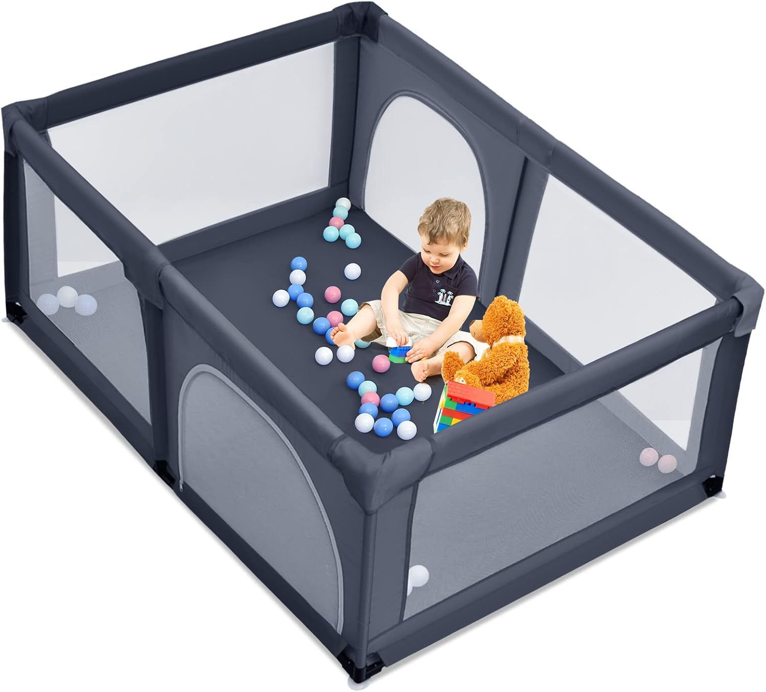 Box per Bambini, Centro Attività Portatile e Sicuro per Bambini, Box Colorato con Cancello, Recinto Extra per Interno ed Esterno con Rete Traspirante Durevole (Grigio scuro)