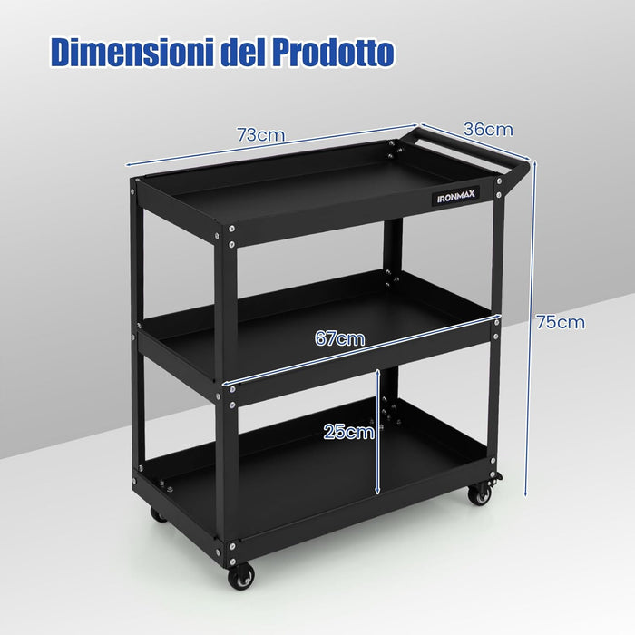 Carrello Portautensili a 3 Livelli, Carrello Metallico Resistente con 3 Ripiani, 4 Ruote Universali con 2 Freni, per Garage, Casa, Magazzino, 73 x 36 x 75 cm (Nero)