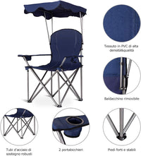 Sedia da Campeggio con Parasole, Sedia Pieghevole da Spiaggia con Portabicchieri, Braccioli Imbottiti, Portatile Reclinabile, Acciaio Carico 120 kg (Blu)