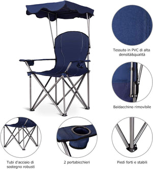 Sedia da Campeggio con Parasole, Sedia Pieghevole da Spiaggia con Portabicchieri, Braccioli Imbottiti, Portatile Reclinabile, Acciaio Carico 120 kg (Blu)