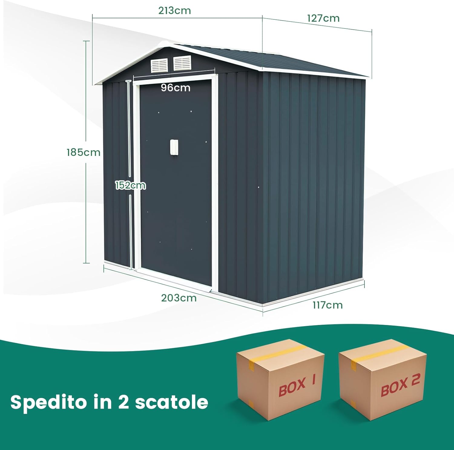 Casetta da Giardino in Acciaio 2,7㎡, con Base, Porte Scorrevoli, Maniglie, Sfoghi e Tettoia, Capanno da Esterno per Giardino, Fattoria e Cortile, 213 x 127 x 185 cm (Grigio Scuro)
