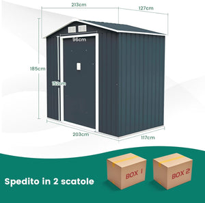 Casetta da Giardino in Acciaio 2,7㎡, con Base, Porte Scorrevoli, Maniglie, Sfoghi e Tettoia, Capanno da Esterno per Giardino, Fattoria e Cortile, 213 x 127 x 185 cm (Grigio Scuro)