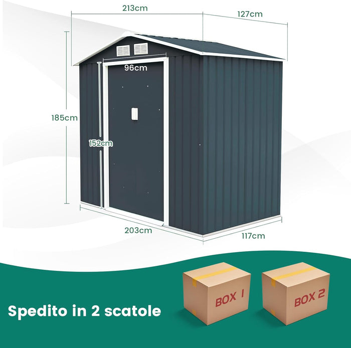 Casetta da Giardino in Acciaio 2,7㎡, con Base, Porte Scorrevoli, Maniglie, Sfoghi e Tettoia, Capanno da Esterno per Giardino, Fattoria e Cortile, 213 x 127 x 185 cm (Grigio Scuro)