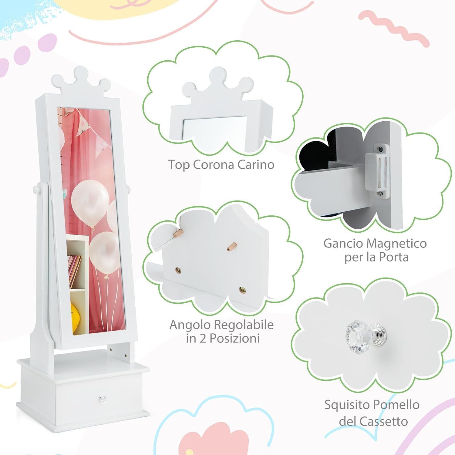 Armadio Gioielli per Bambini con Specchio, Armadietto Portagioie da Terra per Bambini con 3 Cassetti, per Bambini 3+ Anni, Ideale per Camera da Letto (Bianco)