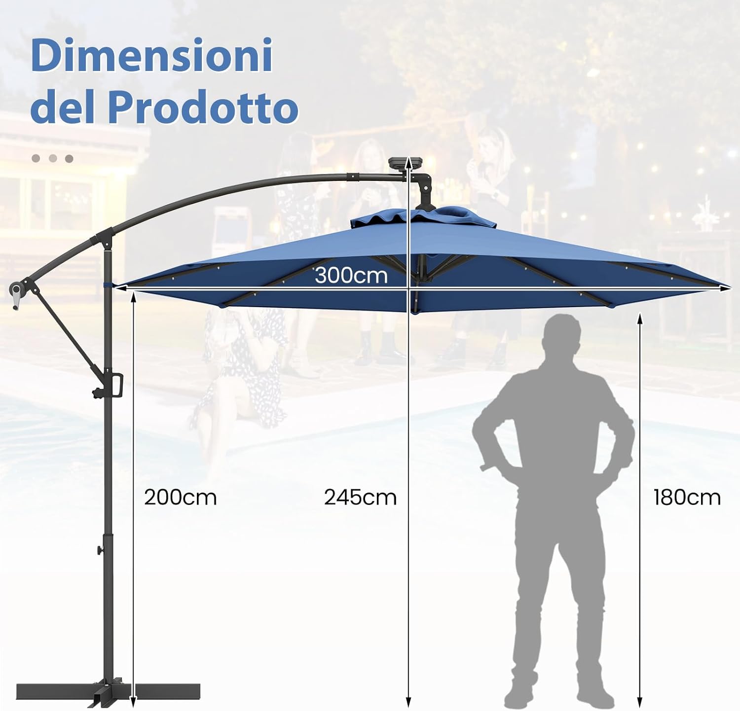 Ombrellone da Giardino ∅300 cm con 32 Luci LED, Ombrellone Prendisole con Rotazione di 360°, Inclinazione Regolabile, 8 Stecche, Manovella, per Giardino Piscina Cortile (Blu)