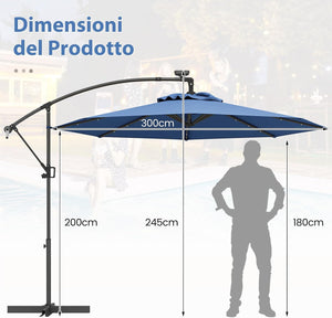 Ombrellone da Giardino ∅300 cm con 32 Luci LED, Ombrellone Prendisole con Rotazione di 360°, Inclinazione Regolabile, 8 Stecche, Manovella, per Giardino Piscina Cortile (Blu)