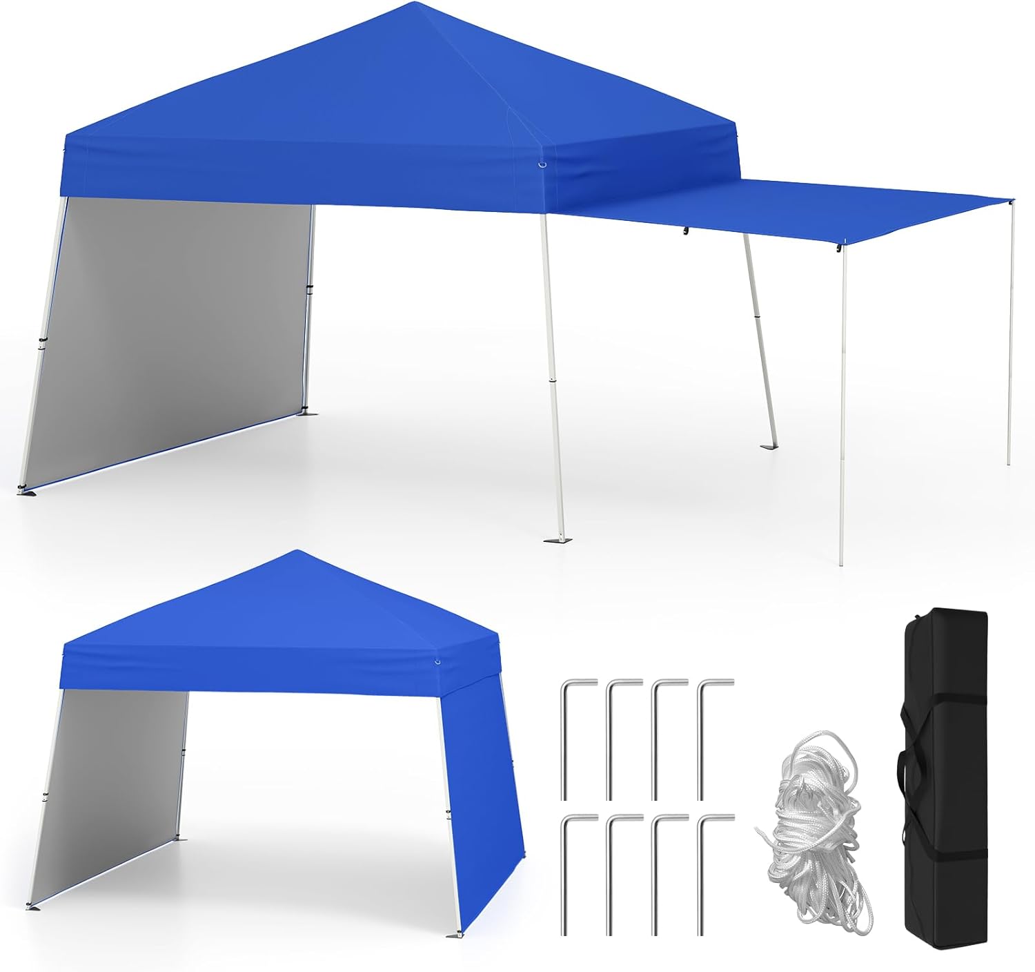 Gazebo Pieghevole 430 x 280 cm, Gazebo da Esterno con Pareti Laterali Convertibili in Tenda da Sole, 8 Picchetti, 4 Corde Antivento, Tendone Impermeabile per Feste (Blu)