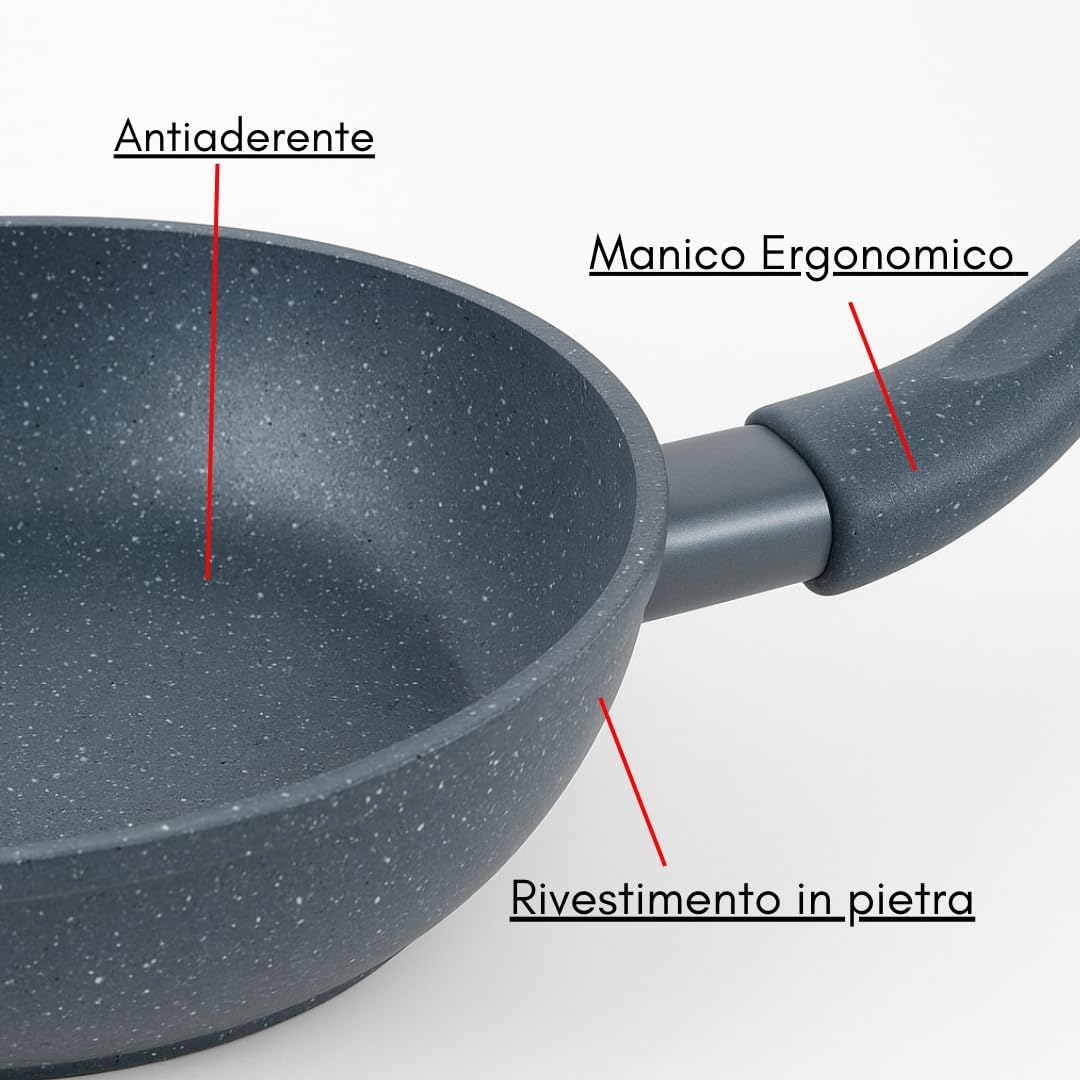 Set di Padelle con Coperchi 12 Pezzi, Induzione Manico Resistente al Calore, Granito e Marmo, Padelle Antiaderente, 20/24/28/32 cm + 4 Mestoli Inclusi.