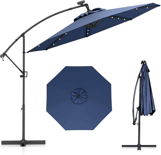 Ombrellone da Giardino ∅300 cm con 32 Luci LED, Ombrellone Prendisole con Rotazione di 360°, Inclinazione Regolabile, 8 Stecche, Manovella, per Giardino Piscina Cortile (Blu Scuro)