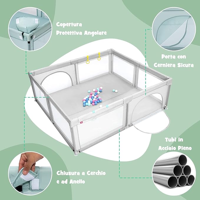 Box per Bambini, Centro Attivit¨¤ Portatile con Cancelli di Sicurezza, con Ventose Antiscivolo, Pareti a Rete Traspirante e 4 Anelli per Bambini, con 50 Palline, 206 x 185,5 x 68CM (grigio)