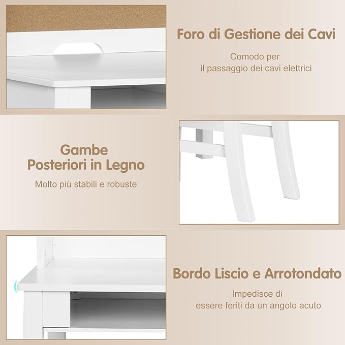 Set Scrivania e Sedia per Bambini 5-12 Anni, Tavolo in Materiale Sicuro con Bacheca in Sughero, 2 Cassetti e Spazio Ampio, Design Moderno, Ideale per Studio e Disegno (Bianco)