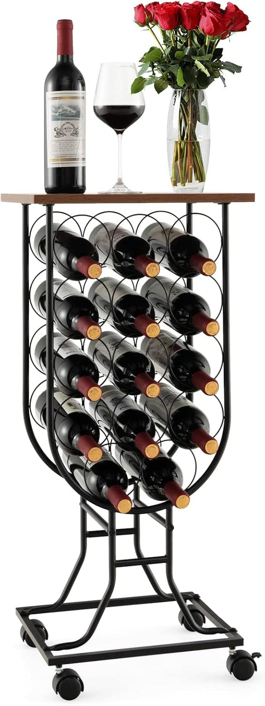 Portabottiglie per Vino con Ruote Staccabili e Bloccabili, Cantinetta Vino Stile Rustico per 14 Bottiglie, con Piano in Legno e Struttura in Metallo, Mobile Bar per Soggiorno e Cucina