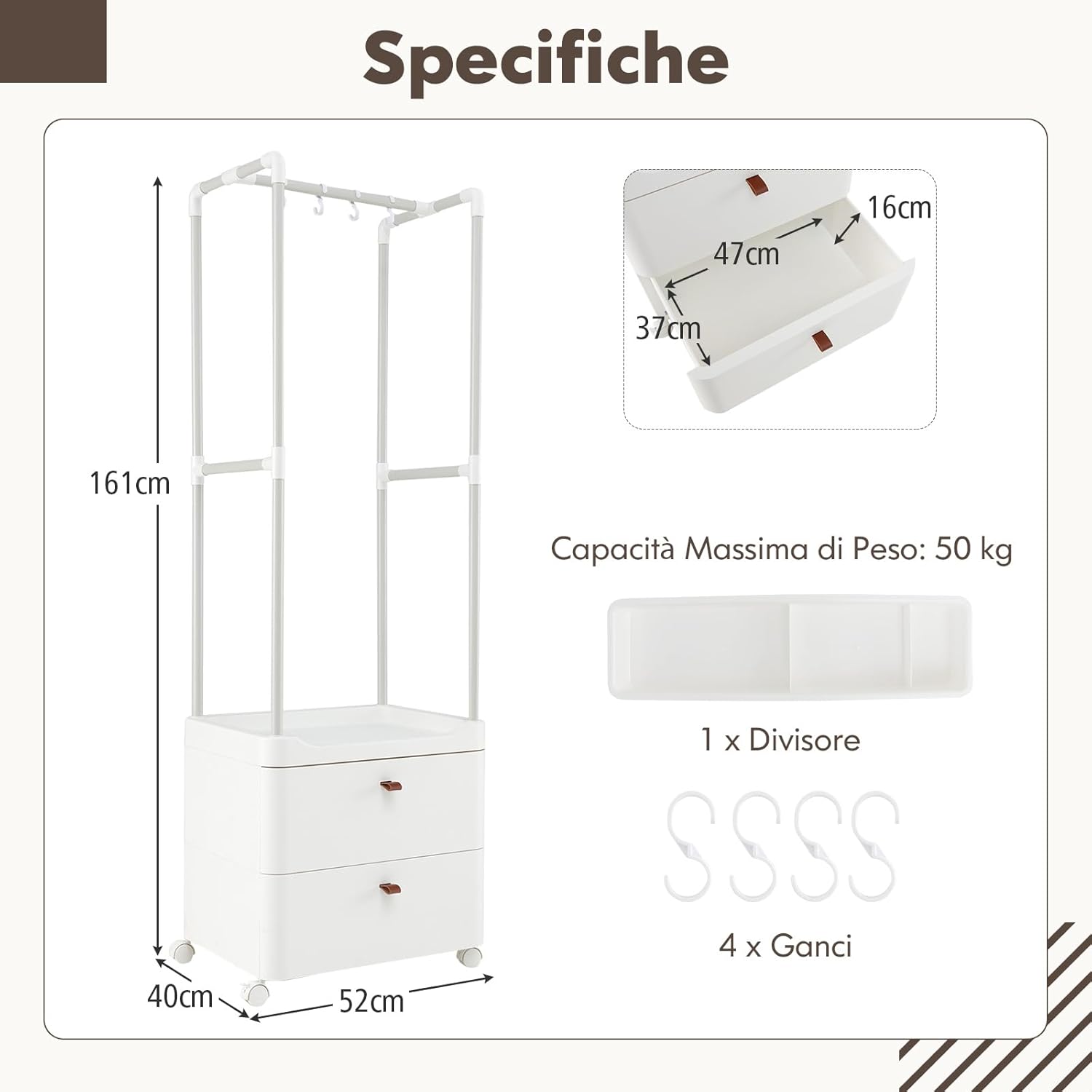 Appendiabiti con 2 Cassetti e Ruote Bloccabili, stand appendiabiti con 4 Ganci Rimovibili e Ripiani di Stoccaggio, Per Ingresso Camera da Letto Spogliatoio, 52x40x161 cm