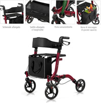 Deambulatore Pieghevole per Anziani Ultraleggero, con Sedile Borsa da Spesa e 4 Ruote Freno a Mano, Rollator Altezza Regolabile, Capacità 136kg, Lega di Alluminio, Nero (Rosso)