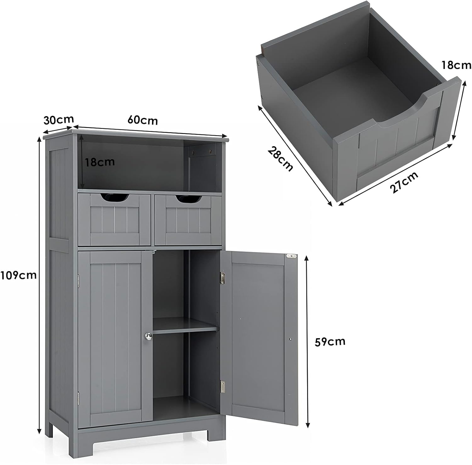 Armadietto Terra da Bagno Mobile Autoportante, Mobiletto Ufficcio Multiuso, con Cassetti e Ripiani, Ampio Spazio, Legno (Grigio)