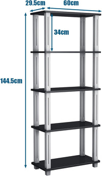Scaffale a 5 livelli, Libreria Multifunzionale con Tanto Spazio, Scaffale di Stoccaggio Robusto, Ideale per Casa Garage Magazzino, Capacità di Carico 20 kg (Nero)