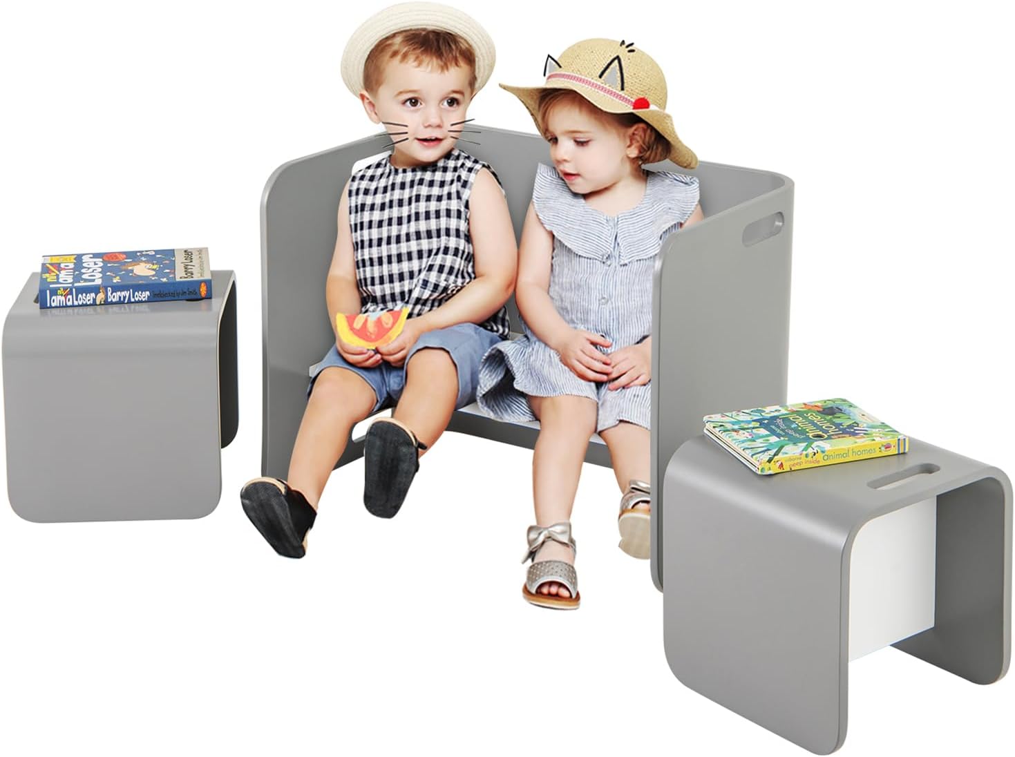 COSTWAY Set Tavolo e 2 Sedie per Bambini 2-9 Anni, Set Multiuso in Legno di Faggio con Maniglie Ergonomiche, Design Salvaspazio, Senza Montaggio, Portata 100 kg (Grigio)