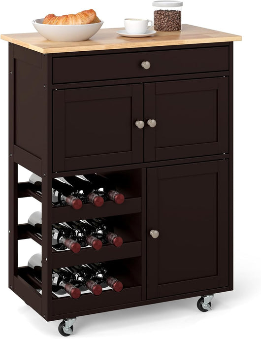 Carrello da Cucina, con Portabottiglie Tre Ante e Ruote, Credenza Cucina in Legno di Pino e MDF, Ideale per Soggiorno e Cucina, 67 x 37 x 86 cm (Marrone)