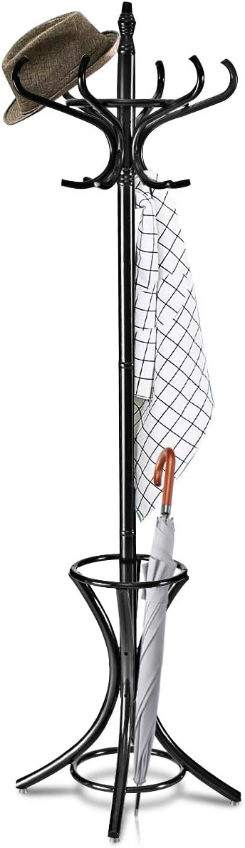 Attaccapanni da Terra Appendiabiti a piedi con 12 Ganci in Legno Ecologico, 51 x 51 x 184 cm (Nero)