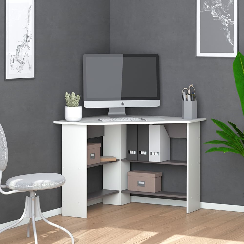 Scrivania angolare Arion, Bianco, 90 x 90 cm, per un utilizzo efficiente dello spazio con vani aperti