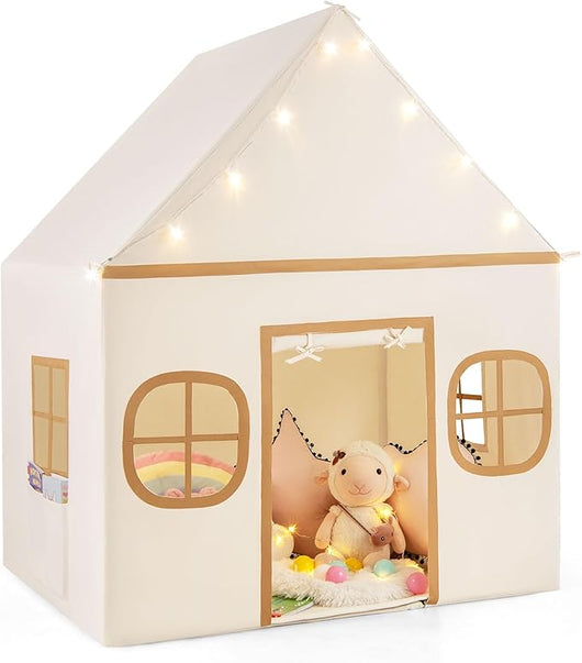 Tenda da Gioco per Bambini, con Tenda Porta e Finestre, Luci a Stella, Tappetino Antiscivolo, Casetta per Bambini e Bambine 3-10 Anni, 120 x 101 x 143 cm (Marrone)