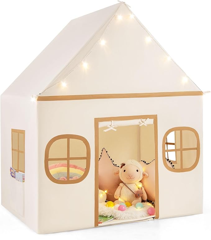 Tenda da Gioco per Bambini, con Tenda Porta e Finestre, Luci a Stella, Tappetino Antiscivolo, Casetta per Bambini e Bambine 3-10 Anni, 120 x 101 x 143 cm (Marrone)