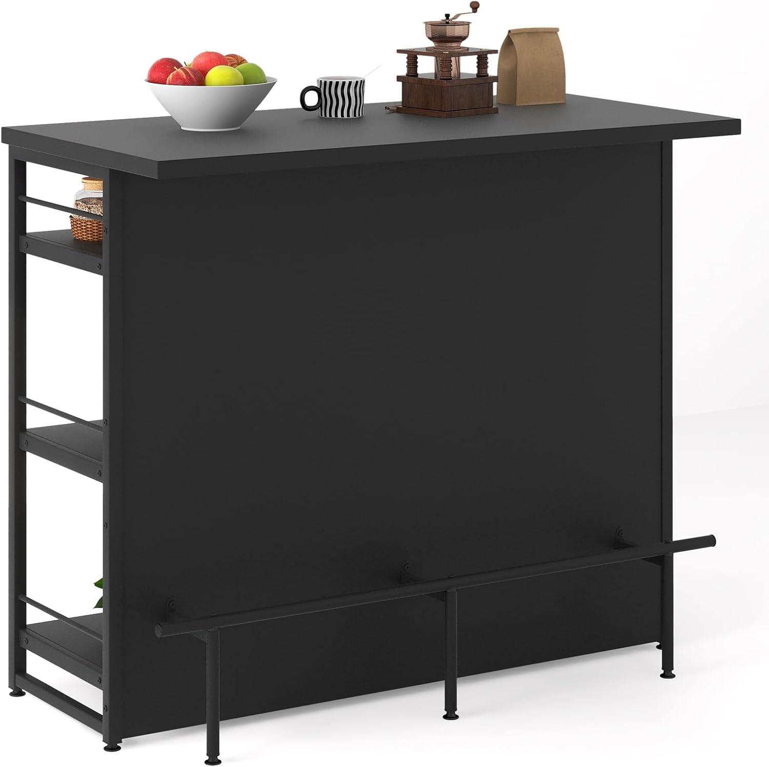 Isola per Cucina con Ampio Piano di Lavoro, Mobile da Cucina con 3 Ripiani Aperti, Poggiapiedi e Piedini Regolabili, Struttura in Metallo, per Cucina, Soggiorno, 120 x 60 x 101cm (Nero)