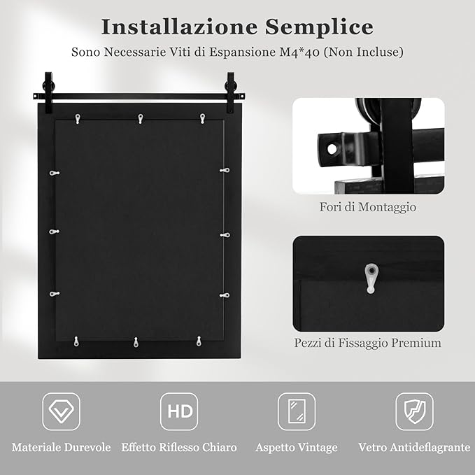 Specchio da Parete 76,5 x 56 cm, Specchio Rettangolare con Cornice in Legno e Staffa in Metallo, Specchio da Bagno Corridoio Soggiorno, Bianco (Nero)