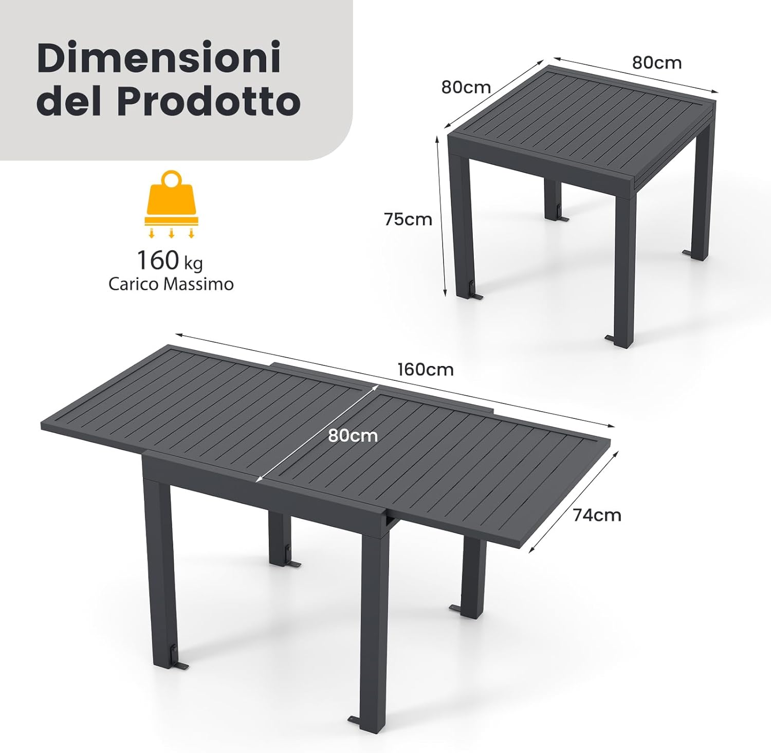 Tavolo da Pranzo Espandibile da Giardino, Tavolo Alluminio Estendibile 80/160 cm, Piano Tavolo a Doghe, Tavolo Quadrato Rettangolare per Cortile, Portata 160 kg, 80/160 x 80 x 75 cm