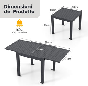 Tavolo da Pranzo Espandibile da Giardino, Tavolo Alluminio Estendibile 80/160 cm, Piano Tavolo a Doghe, Tavolo Quadrato Rettangolare per Cortile, Portata 160 kg, 80/160 x 80 x 75 cm