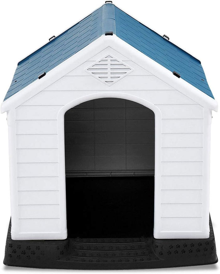 Cuccia per Cani da Esterno Impermeabile, Canile Villa per Cani in PP Resina, Bianco/Blu (85 x 77 x 83 cm)