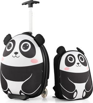 2 Pezzi Valigia per Bambini con Maniglia Retrattile + Zaino Bagaglio a Mano, con ruote girevoli a 360 ° (panda)