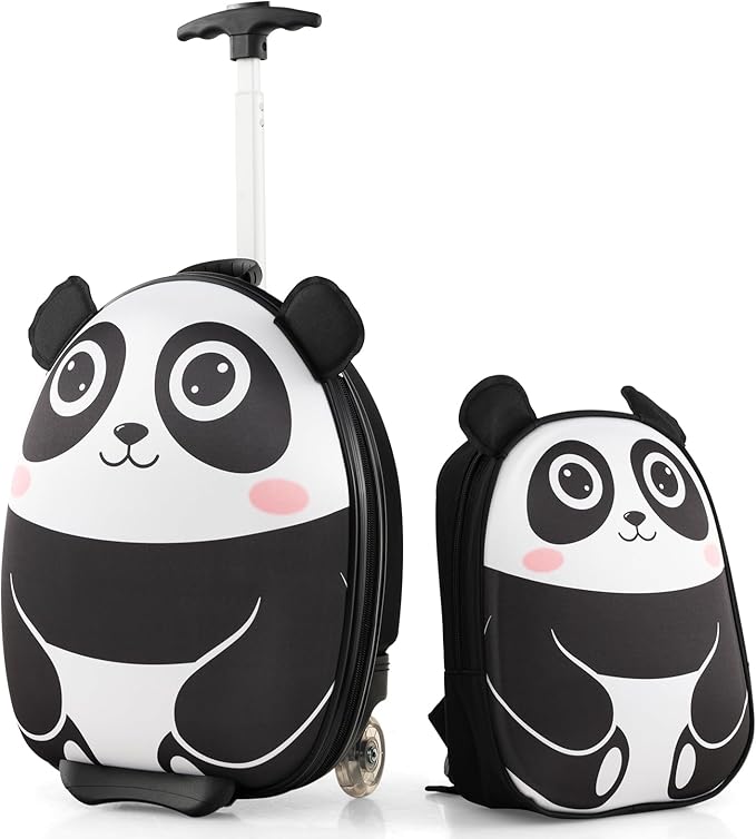 2 Pezzi Valigia per Bambini con Maniglia Retrattile + Zaino Bagaglio a Mano, con ruote girevoli a 360 ° (panda)