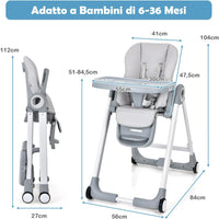 Seggiolone Pappa, Seggiolone Pieghevole con 4 Ruote, Seggiolone per Bambini con Altezza, Schienale e Poggiapiedi Regolabili, Vassoio Rimovibile, per Bambini 6-36 Mesi, Fino a 15 kg