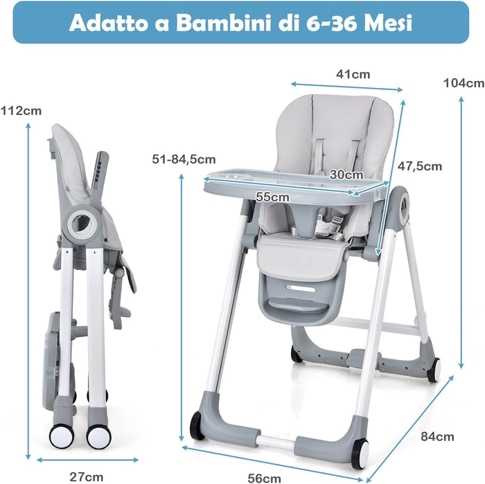 Seggiolone Pappa, Seggiolone Pieghevole con 4 Ruote, Seggiolone per Bambini con Altezza, Schienale e Poggiapiedi Regolabili, Vassoio Rimovibile, per Bambini 6-36 Mesi, Fino a 15 kg