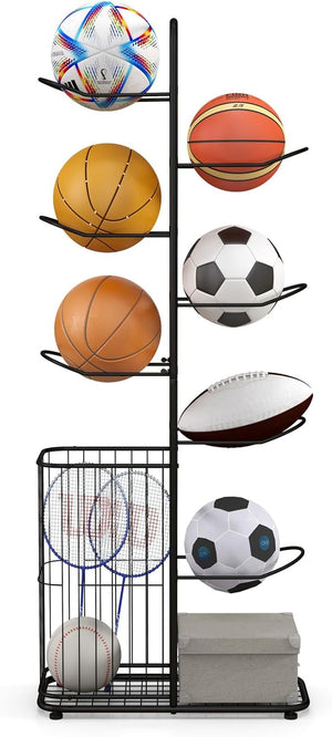 Scaffale Portapalle a 7 Livelli, Porta Pallacanestro in Metallo con 7 Asticelle Rimovibili e Cestino Laterale per Palline, Organizzatore Attrezzature Sportive con Piedini Regolabili