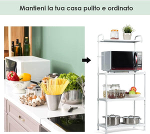 Microonde Scaffale da Cucina per Microonde in Metallo a 4 Ripiani, Carrello per Microonde Scaffalatura Organizzatore Portaoggetti, 60 x 34,5 x 136 cm (Bianco)