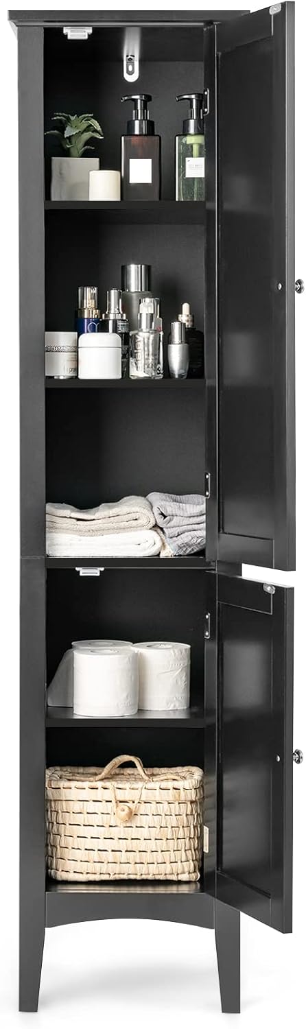 Mobile da Bagno Alto con 2 Ante, Armadio da Terra con 5 Vani, Mobile Colonna per Bagno Cucina Soggiorno, 37 x 37 x 160 cm (Nero)