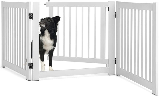 Cancelletto per Cani da Interno in Legno Massello, Design Girevole e Portatile, con 3 Ante, Cuscinetti Antiscivolo e Serratura, Ideale per Cani di Piccola/Media Taglia, 206 x 61 cm (Bianco)