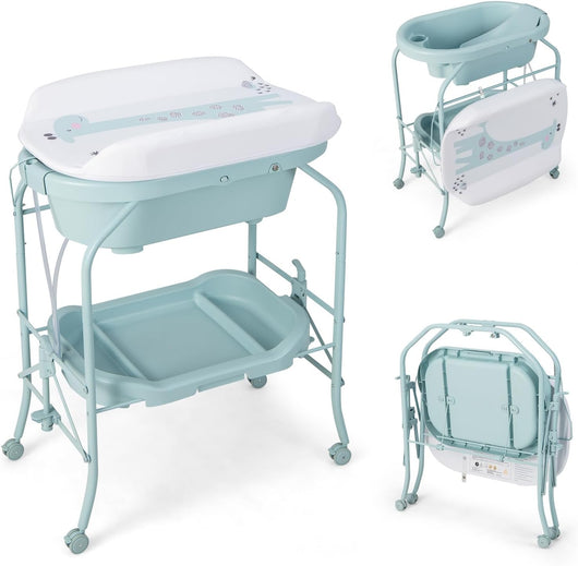 Fasciatoio con Vaschetta per Bambini, Vasca da Bagno per Neonati, Fasciatoio Pieghevole con Materassino, Cestino Portaoggetti, Ruote con Freno, Portata 35kg+15kg (Azzurro)