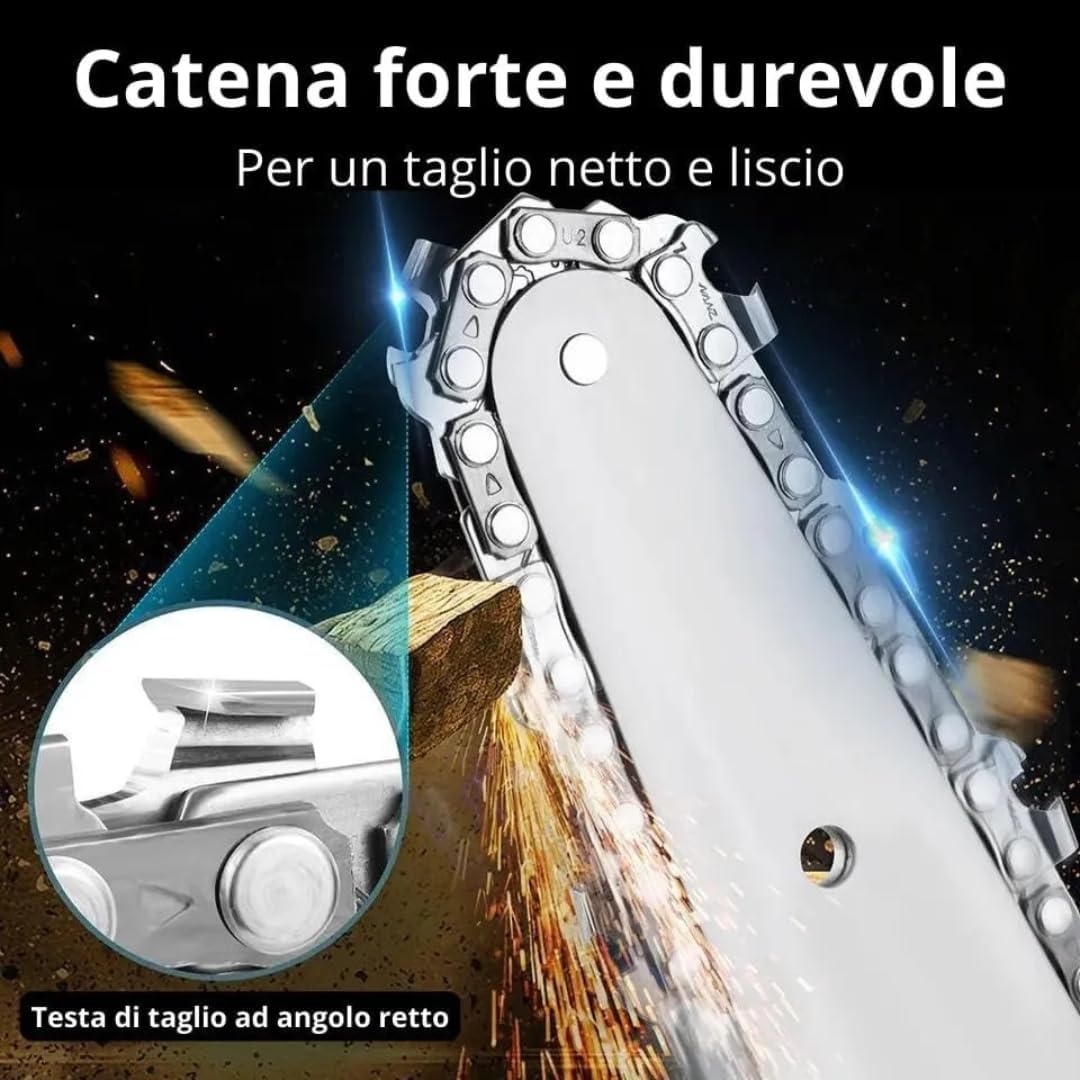 Mini Motosega a Batteria con Oliatore Automatico, 2 Batterie 48V, Barre da 6'' e 8'' Pollici con Catene di Ricambio e Blocco di Sicurezza – Potenza e Versatilità per Lavori di Precisione