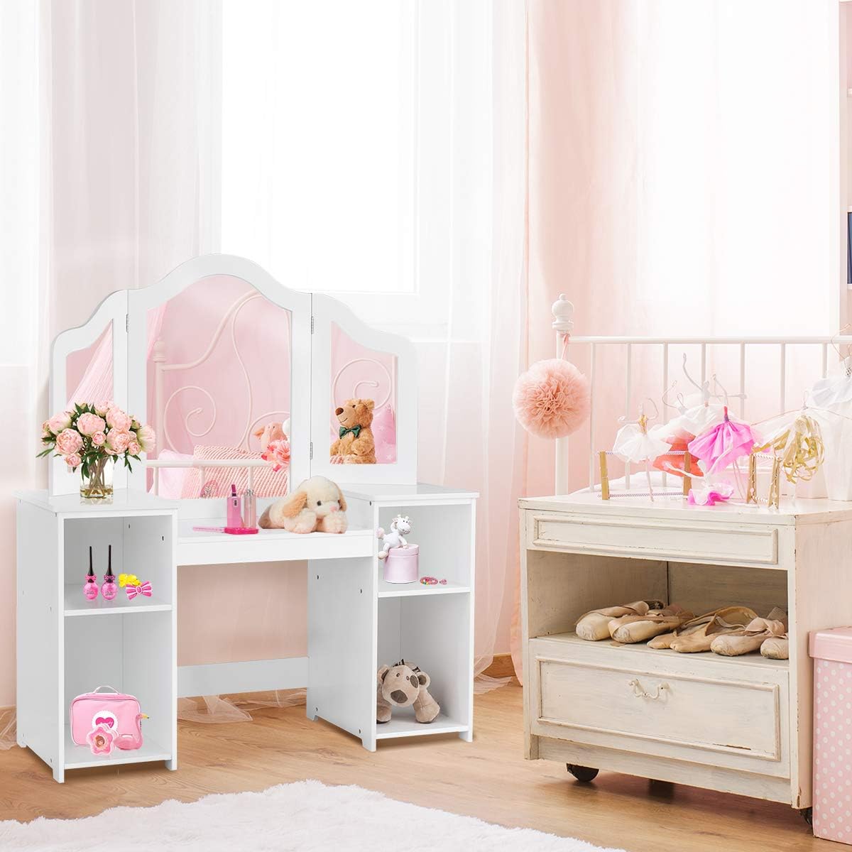 Toeletta per Bambini in Legno, Design Smontabile 2 in 1, Mobile da Trucco Stile Principessa con 4 Mensole e Specchio, Mobile per Il Trucco per Bambine e Ragazze