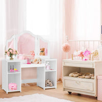 Toeletta per Bambini in Legno, Design Smontabile 2 in 1, Mobile da Trucco Stile Principessa con 4 Mensole e Specchio, Mobile per Il Trucco per Bambine e Ragazze