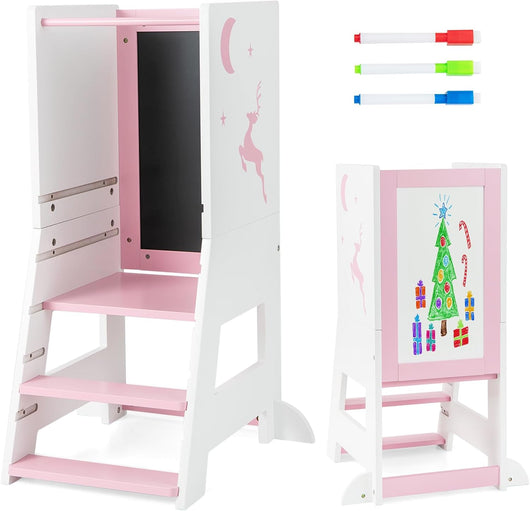 Torre per Bambini 2 in 1, Sgabello da Cucina per Bambini con Lavagna, Piattaforma e Gradino Regolabili, per Bambini da 1 a 7 Anni, Capacità di Carico 70 kg (Rosa)